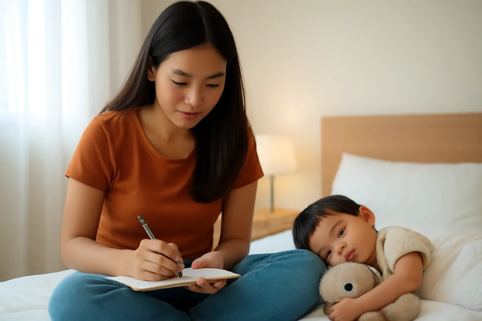 Người mẹ ngồi viết thư bên cạnh đứa con nhỏ đang ngủ