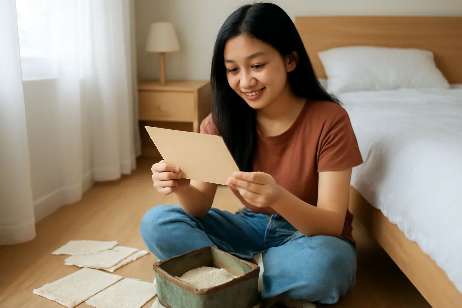 Cô gái trẻ ngồi trên sàn phòng ngủ đọc lại những lá thư cũ
