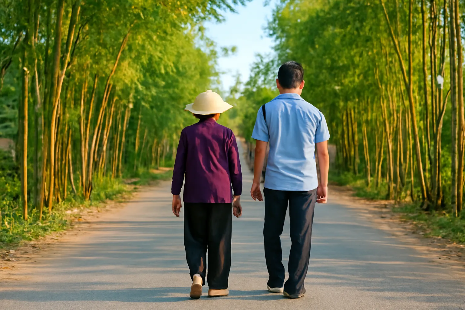 Bà mẹ già và người con trai đi chậm trên con đường làng buổi chiều