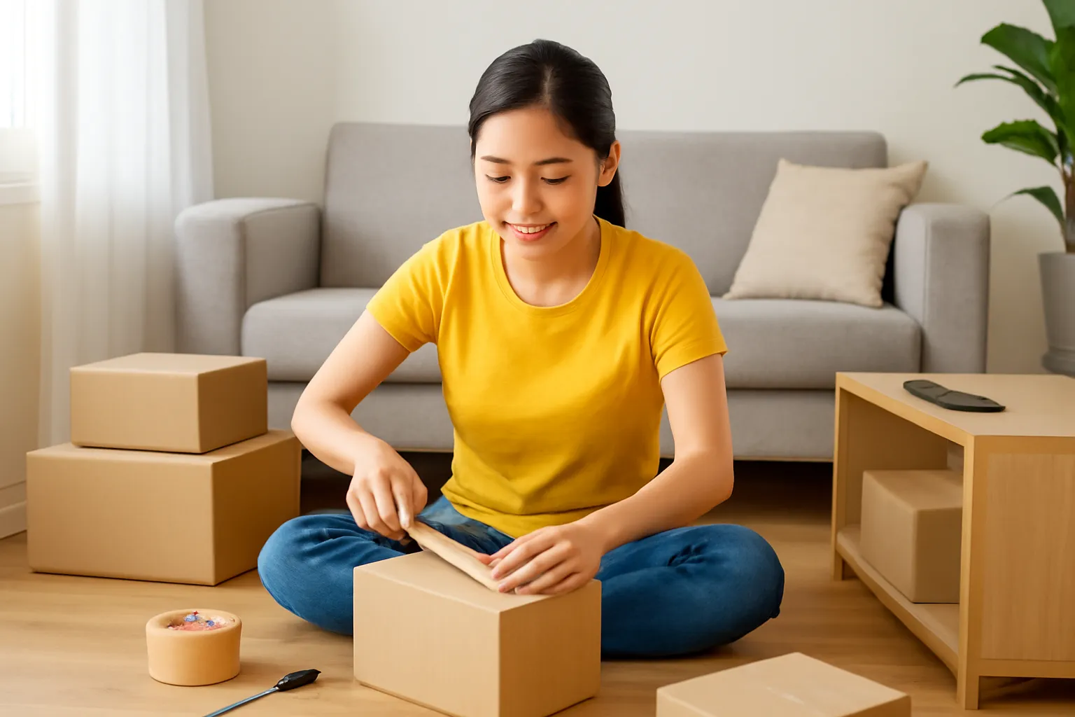 Người phụ nữ đóng gói đơn hàng trong phòng khách nhỏ đầy thùng giấy