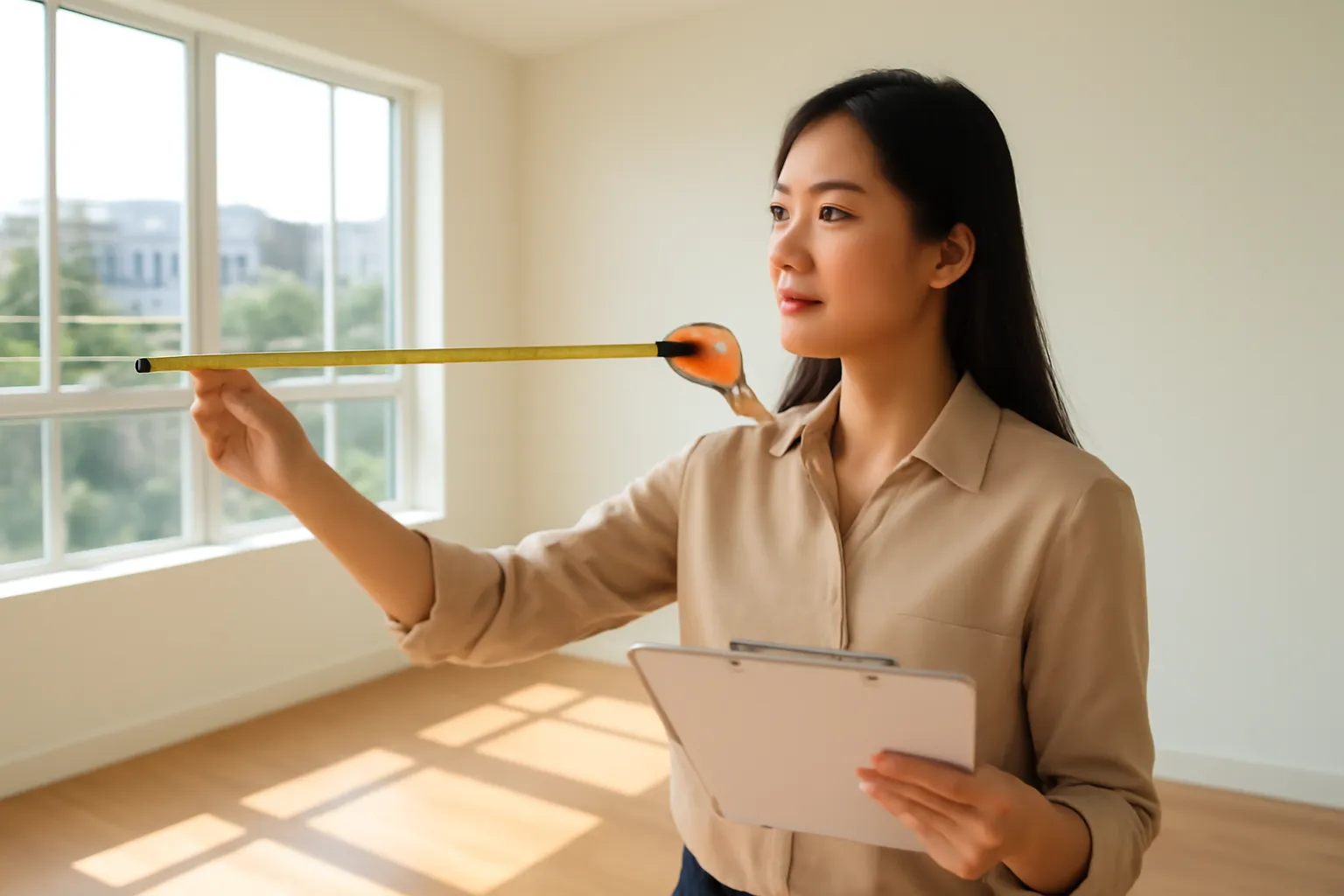 Cô gái trẻ đi theo nhà thiết kế nội thất đo đạc một căn phòng trống