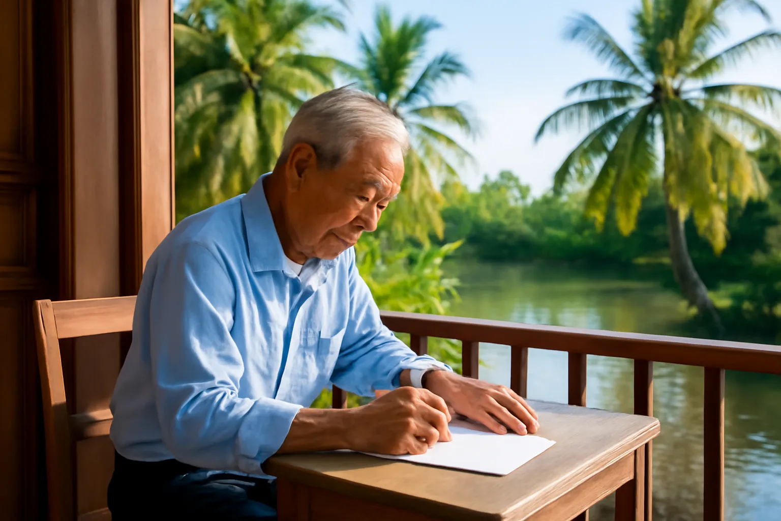 Ông cụ ngồi ở hiên nhà ven sông viết thư cho cháu