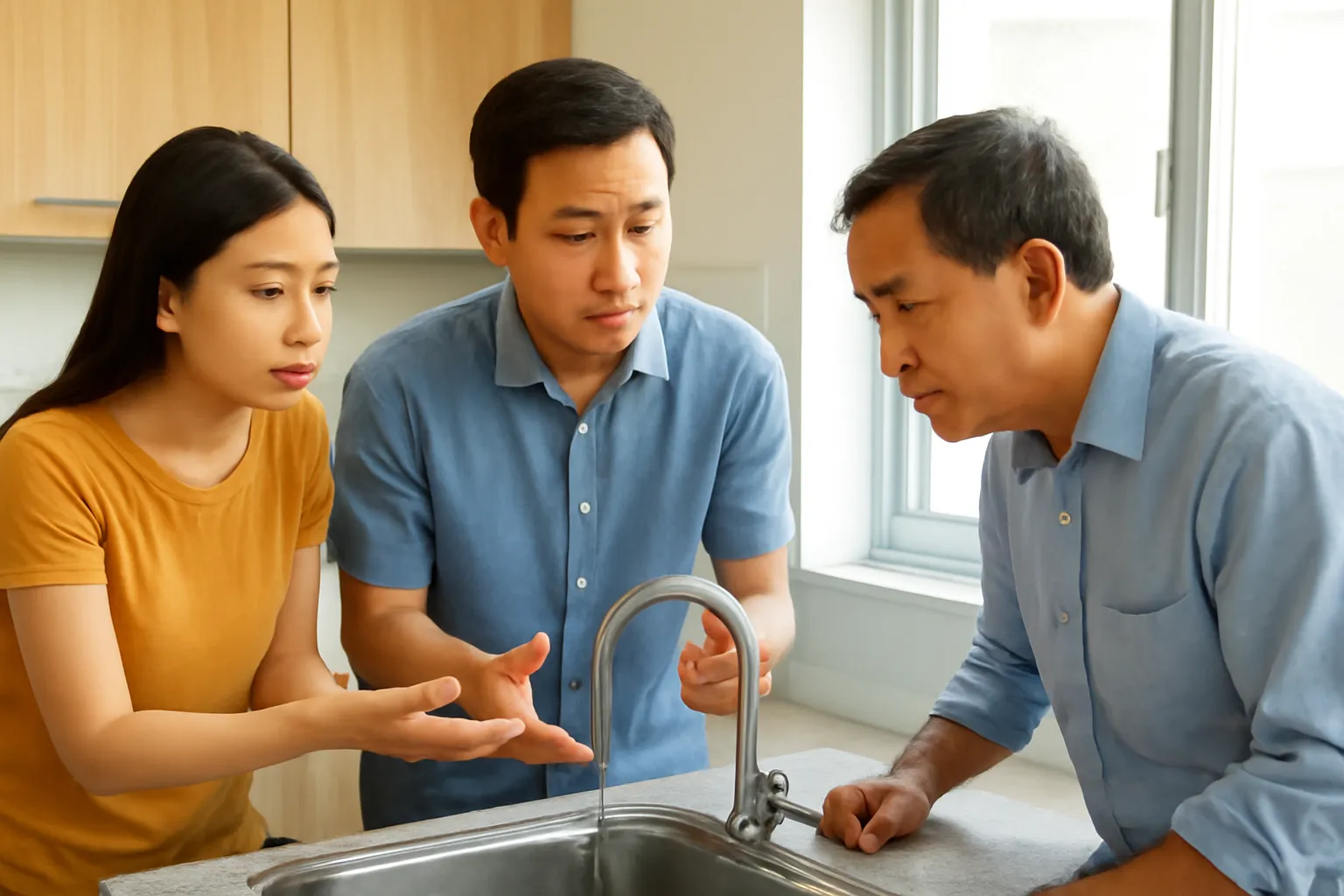 Người thuê nhà chỉ cho chủ nhà xem vòi nước bị rò trong bếp