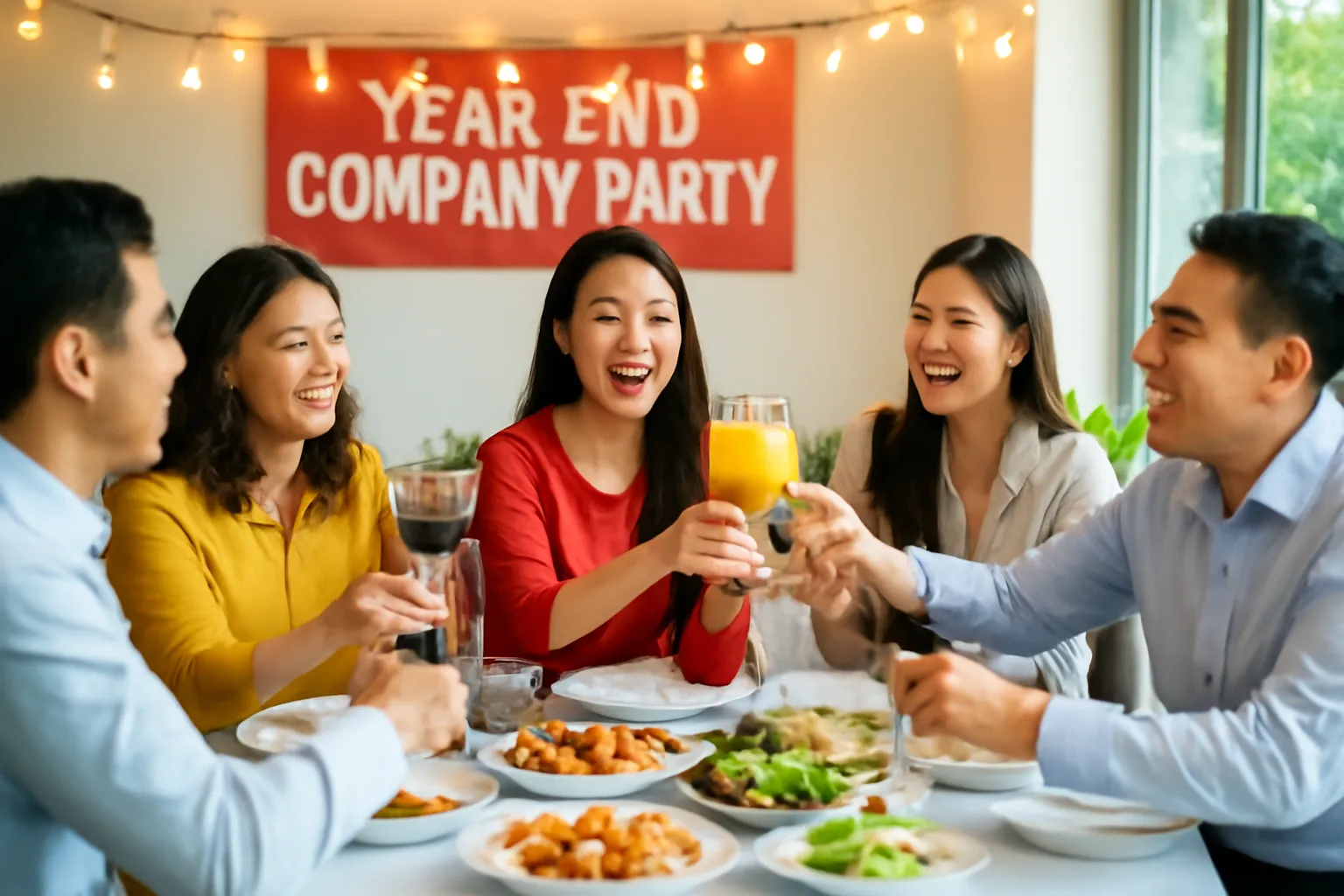 Bàn tiệc tất niên đông người cười nói, một cô gái nâng ly nước cam