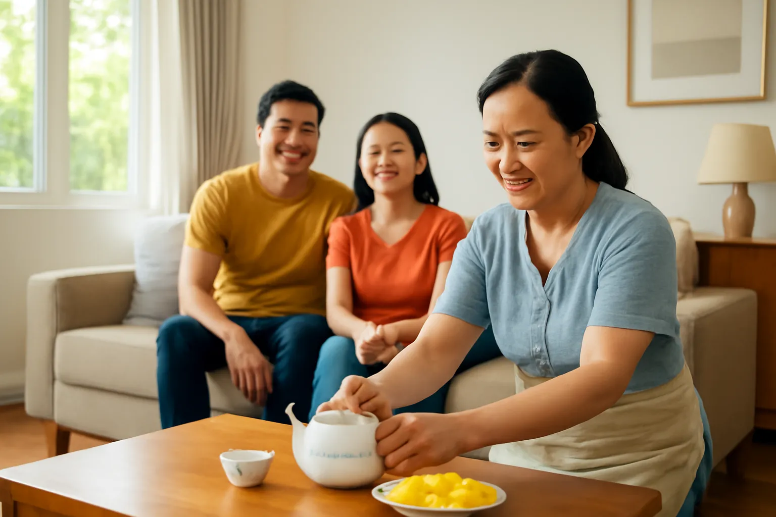 Ấm trà và đĩa hoa quả được đặt lên bàn phòng khách