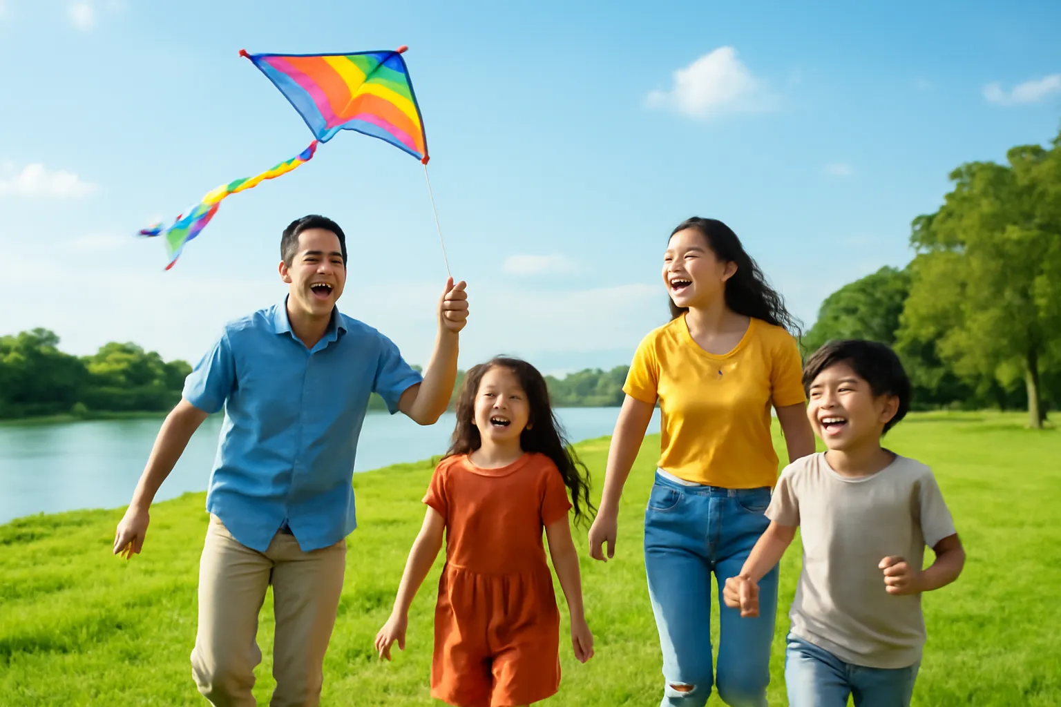 Gia đình bốn người cùng thả diều trên bãi cỏ ven sông vào chiều nắng