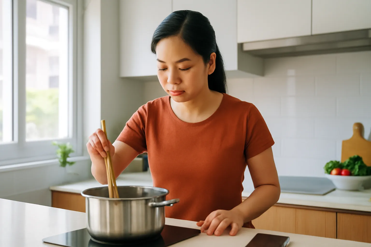 Người phụ nữ đeo tai nghe vừa nấu ăn vừa nghe bài học trong bếp