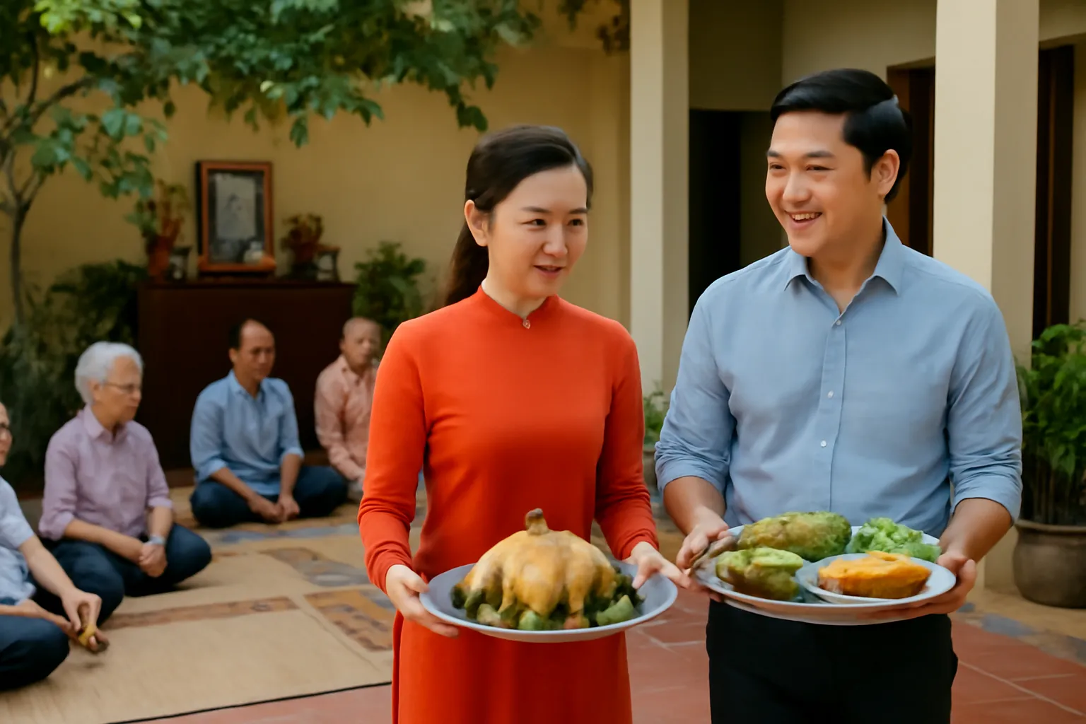 Hai vợ chồng cùng bưng mâm cỗ ra phục vụ họ hàng trong ngày giỗ ở nhà