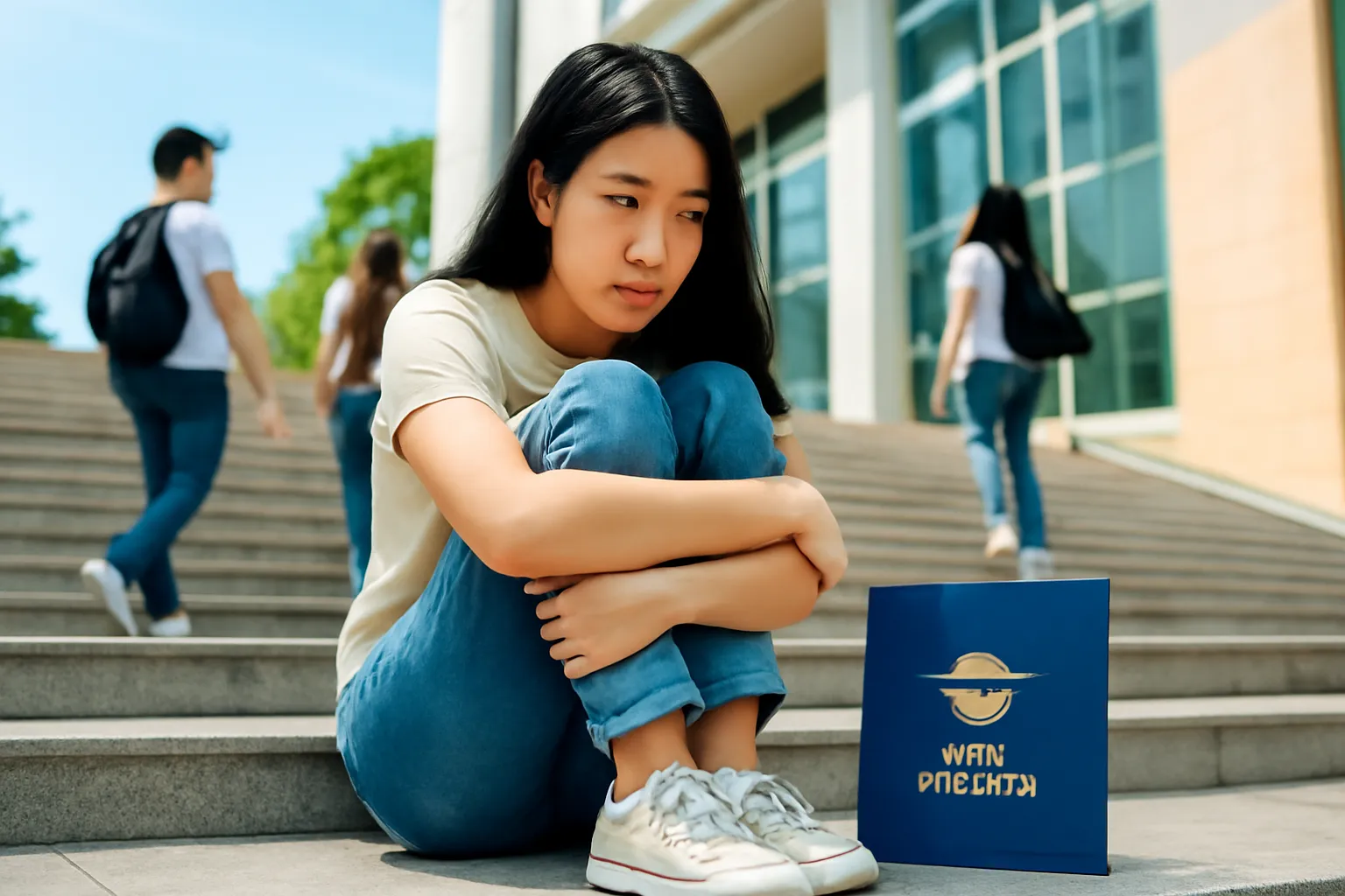 Cô gái trẻ ngồi ôm gối trên bậc thềm thư viện trường