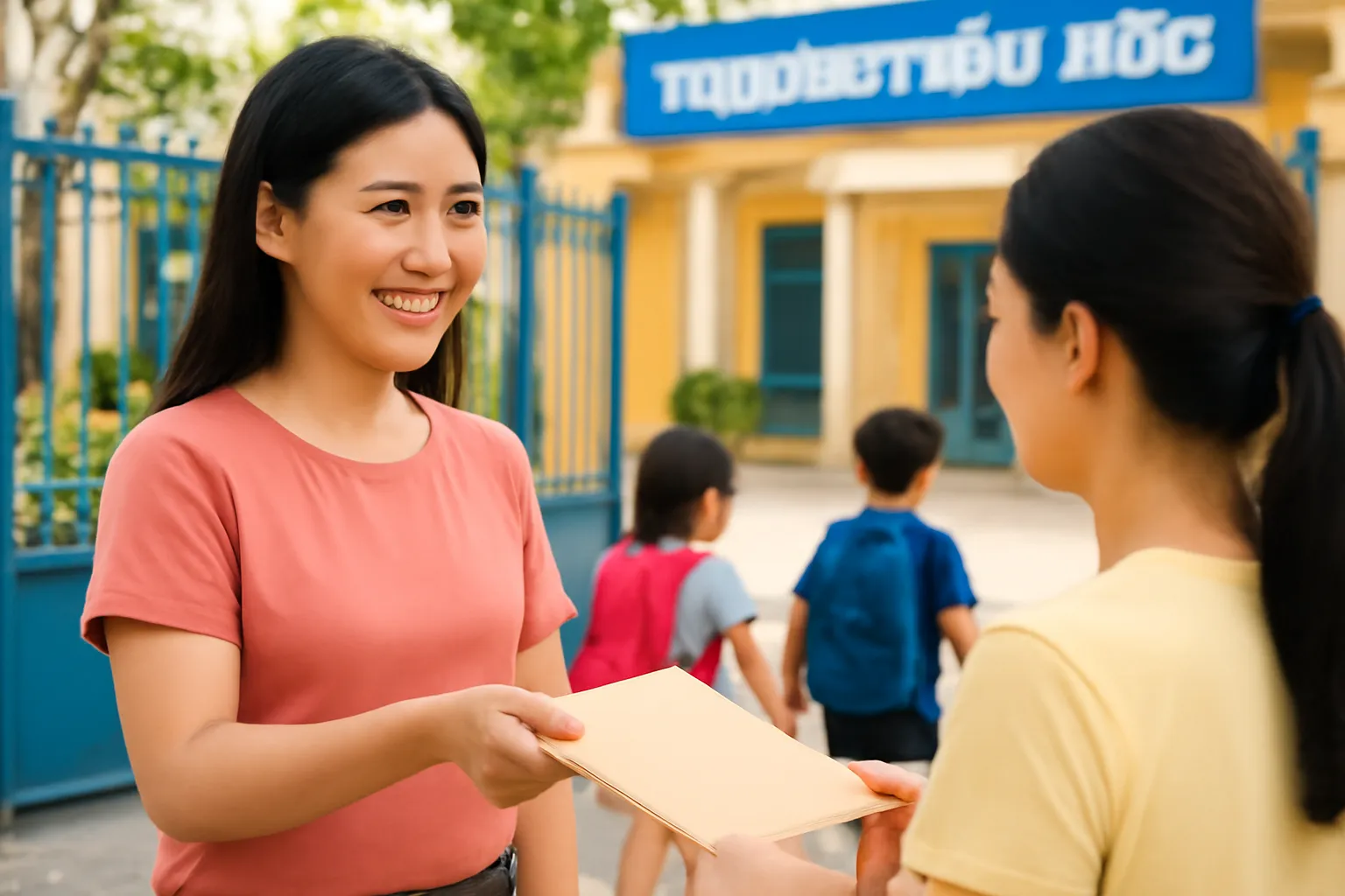 Người mẹ trao tập hồ sơ cho phụ huynh khác trước cổng trường