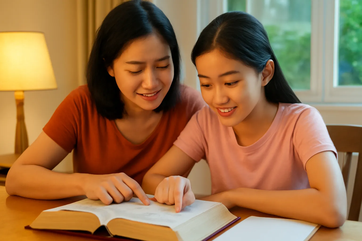 Mẹ và con gái cùng tra cuốn từ điển dày trên bàn