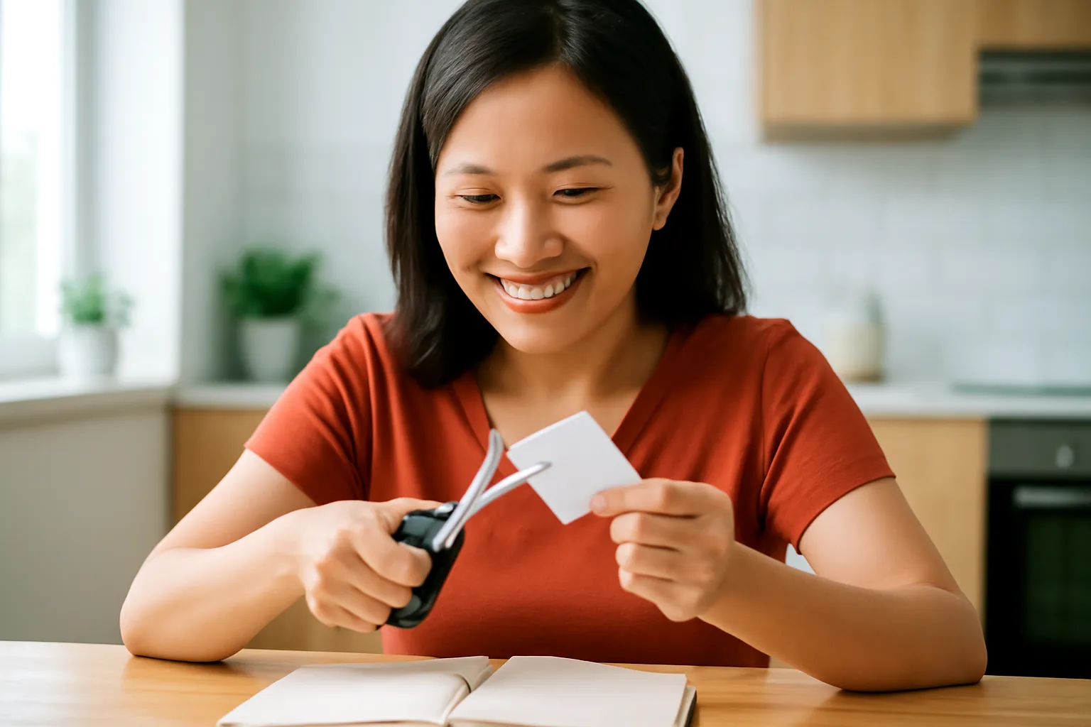 Người phụ nữ dùng kéo cắt đôi chiếc thẻ nhựa ở bàn bếp