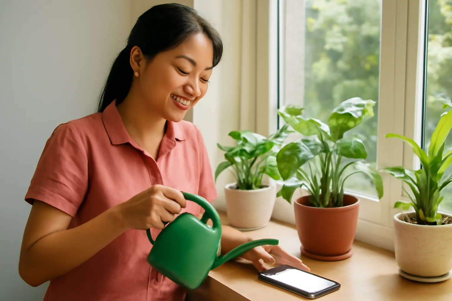 Cô gái đặt điện thoại sang bên, tưới cây cạnh cửa sổ nắng