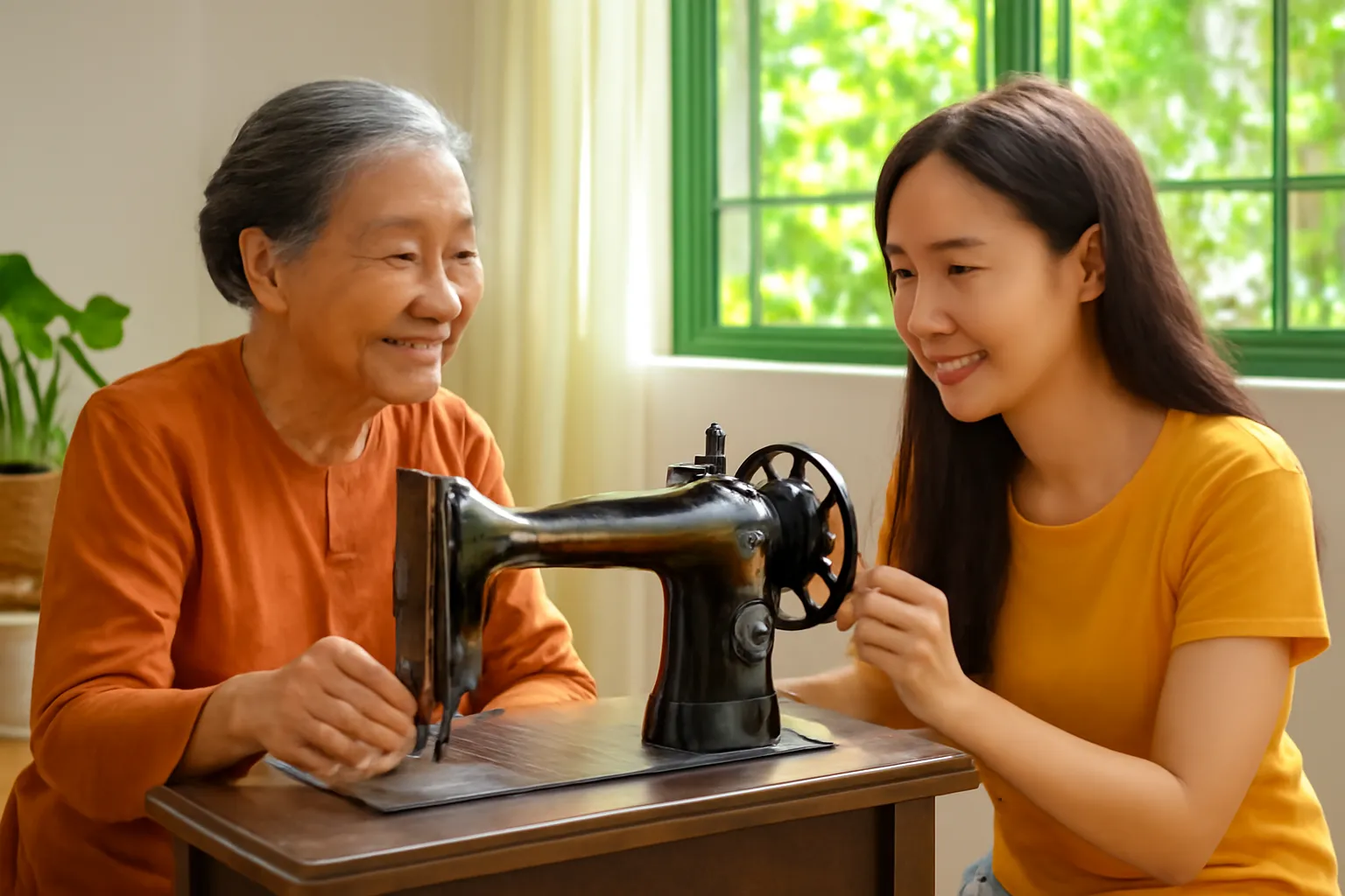 Bà nội chỉ cho cháu gái chiếc máy khâu cũ bằng sắt đặt trong góc nhà