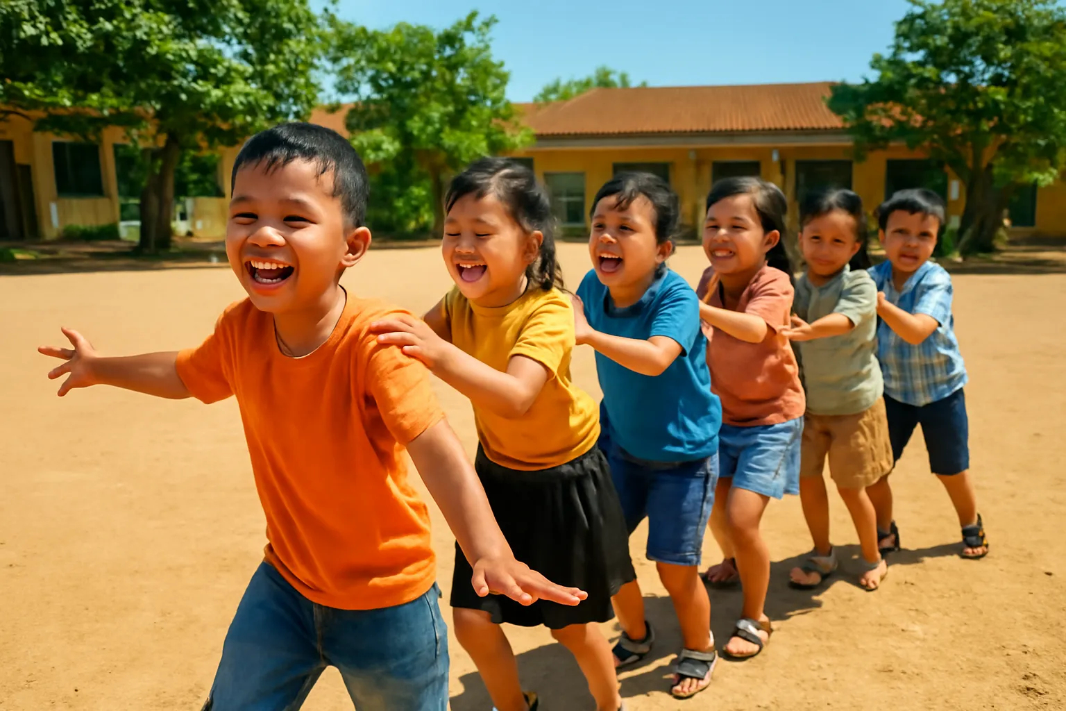 Nhóm trẻ em nối đuôi nhau chơi rồng rắn lên mây trên sân đất