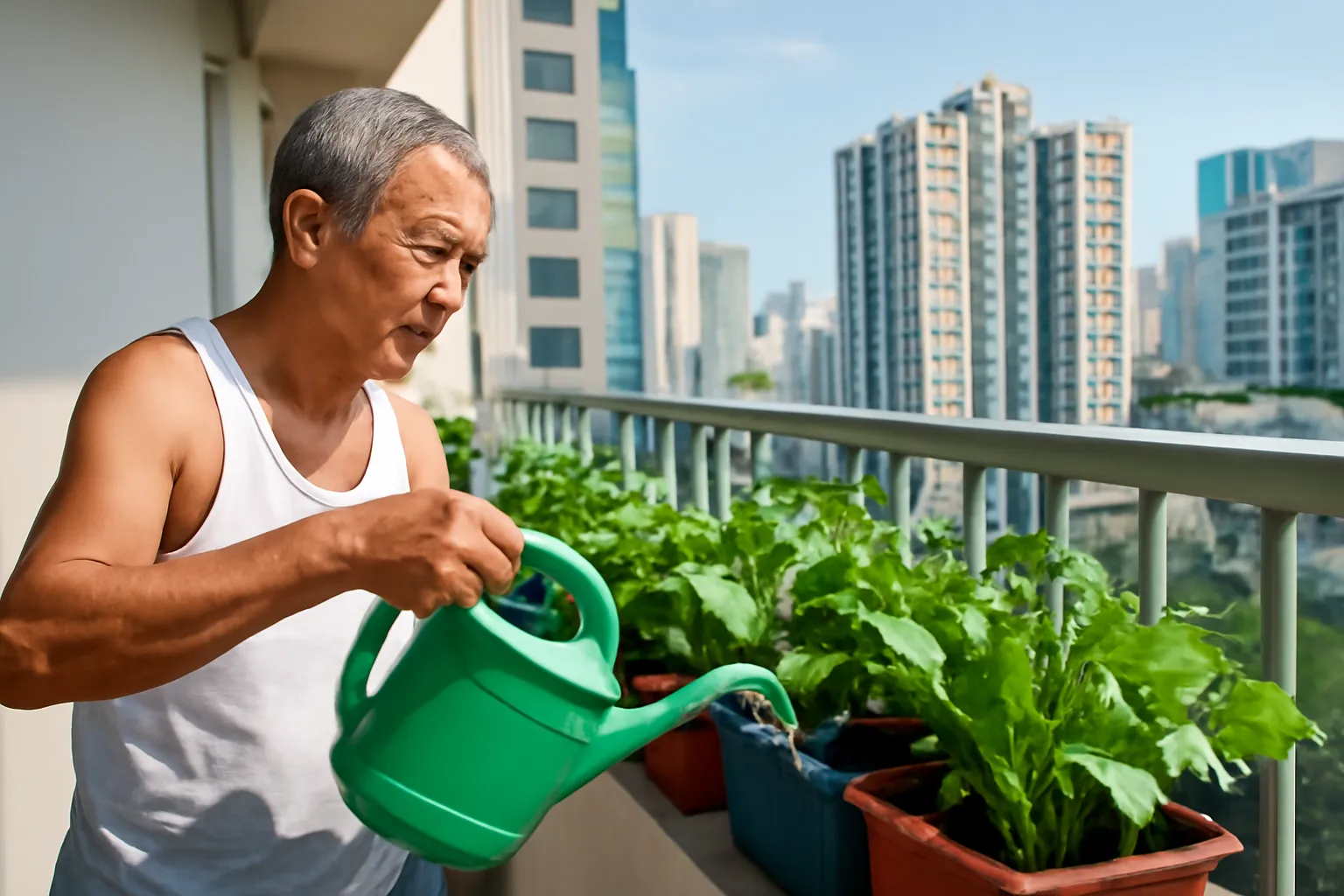 Ông cụ tưới mấy chậu rau xanh ngoài ban công căn hộ chung cư buổi sáng