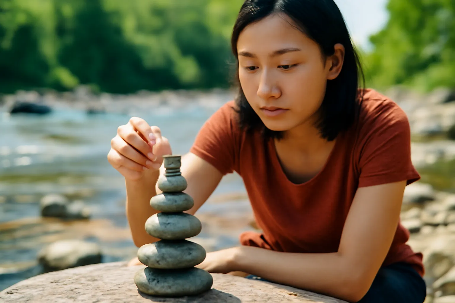 Người phụ nữ cẩn thận xếp chồng những viên đá cuội trên tảng đá bên dòng suối