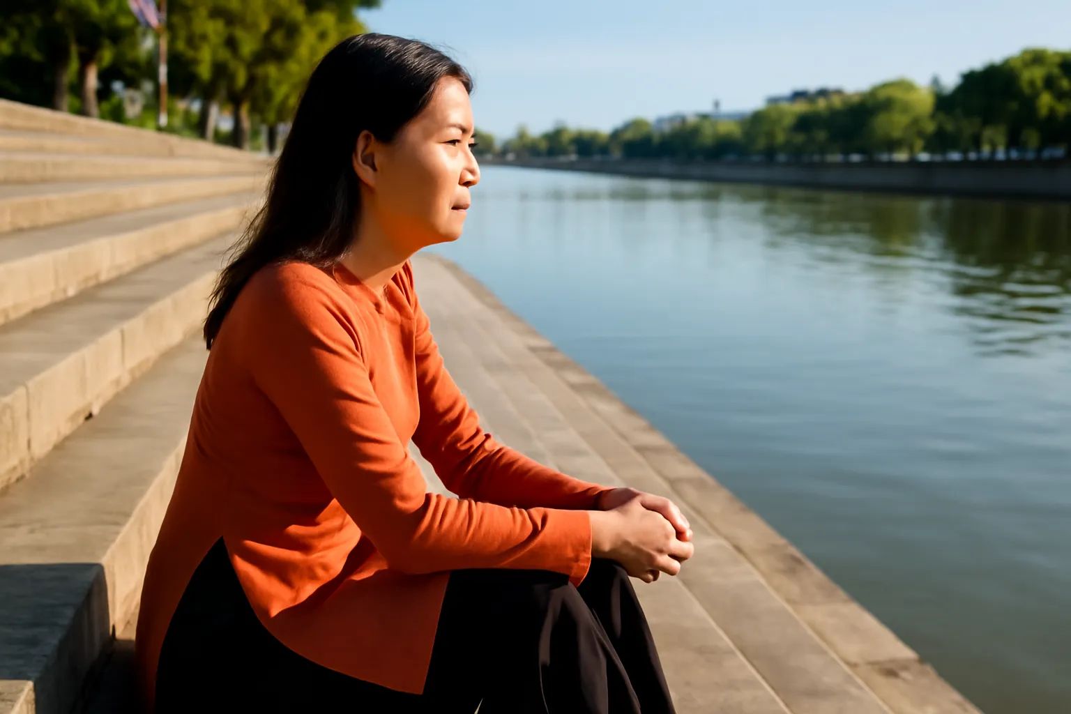 Người phụ nữ ngồi một mình trên bậc thềm ven sông buổi chiều, nhìn ra mặt nước