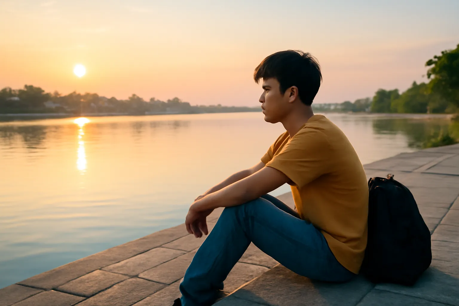 Cậu thiếu niên ngồi trên bậc đá ven sông lúc bình minh, nhìn mặt nước