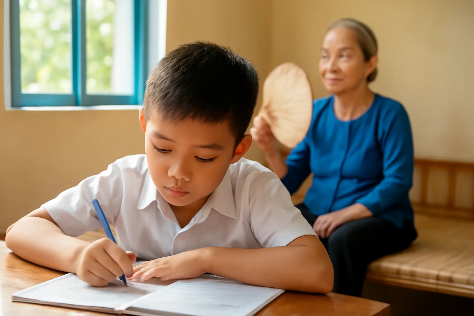 Cậu bé cúi đầu viết bài trên bàn học gỗ cạnh cửa sổ có nắng