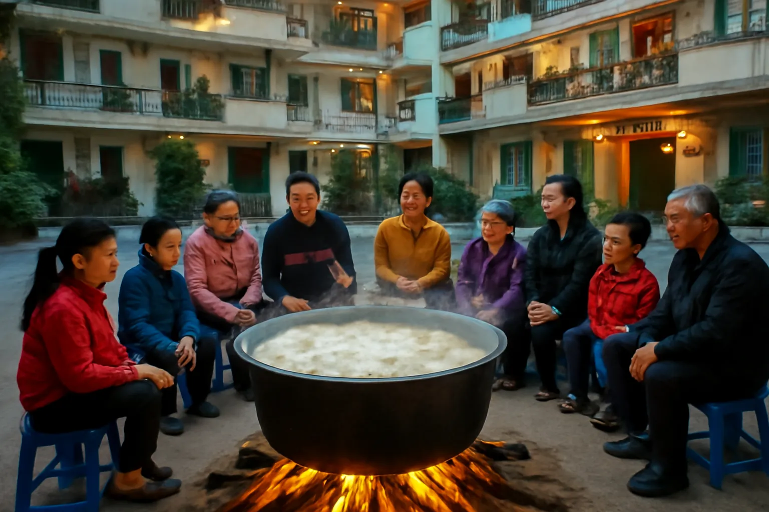 Nồi bánh chưng lớn nghi ngút khói giữa sân chung cư, hàng xóm ngồi quanh