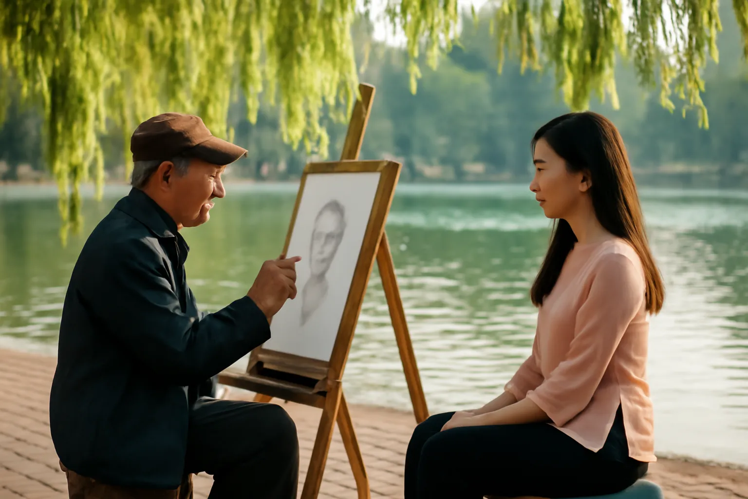 Giá vẽ bên bờ hồ, ông họa sĩ già cầm bút chì phác chân dung một cô gái