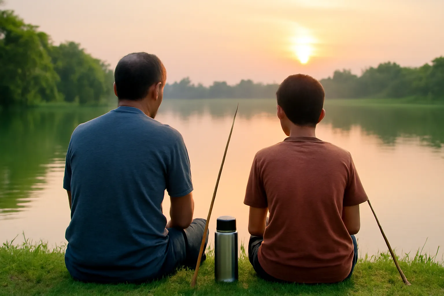 Người đàn ông và cậu thiếu niên ngồi câu cá trên bờ hồ buổi sớm