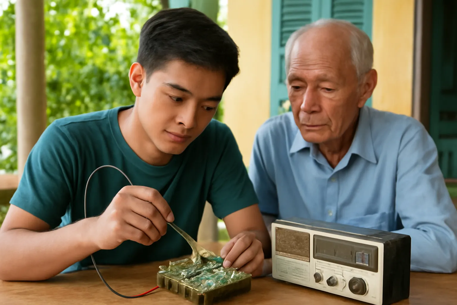 Cậu thanh niên hàn mạch điện chiếc đài cũ, ông nội ngồi cạnh nhìn chăm chú