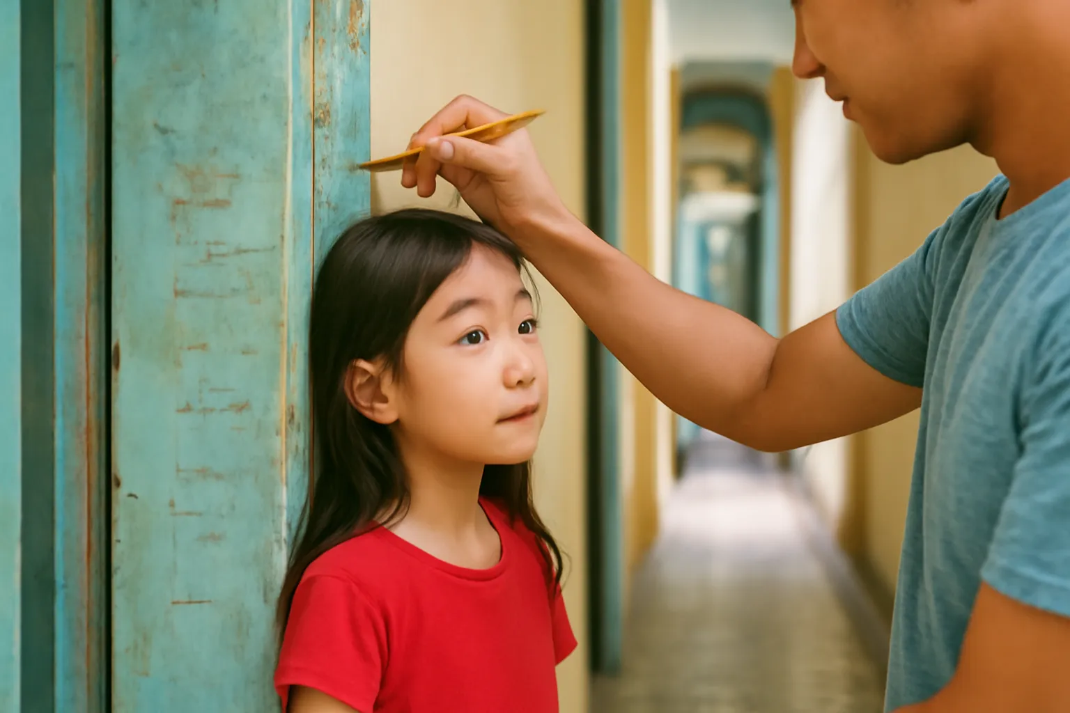 Khung cửa gỗ cũ có nhiều vạch bút chì đo chiều cao của trẻ con