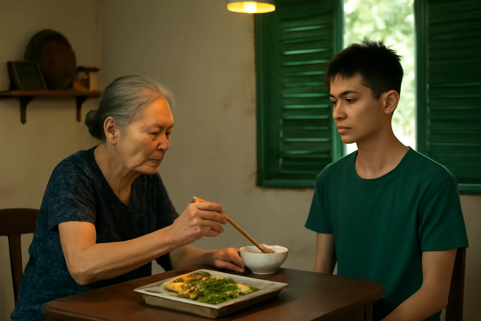 Mâm cơm nhỏ dưới ngọn đèn vàng trong gian nhà cũ, bà cụ ngồi gắp thức ăn