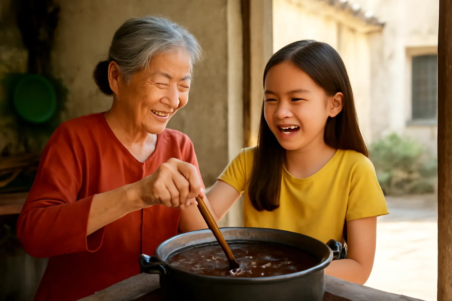 Bà và cháu gái nhỏ cùng khuấy nồi chè trong gian bếp quê buổi chiều