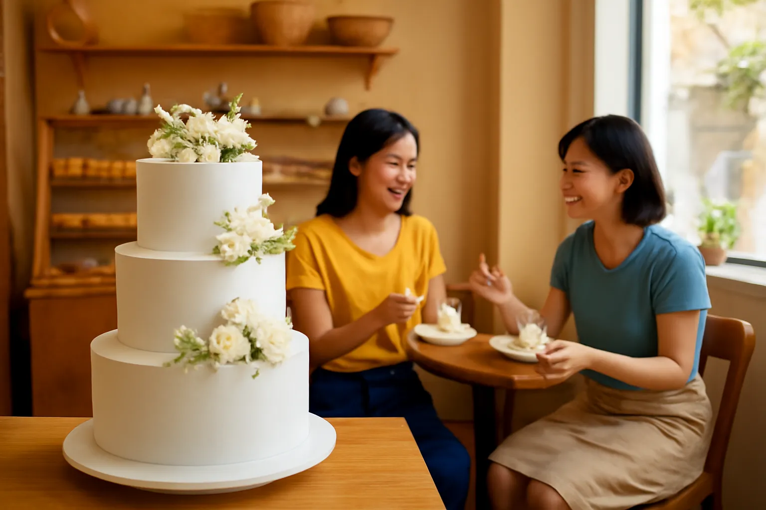 Chiếc bánh cưới ba tầng màu trắng đặt trên quầy tiệm bánh nhỏ buổi tối