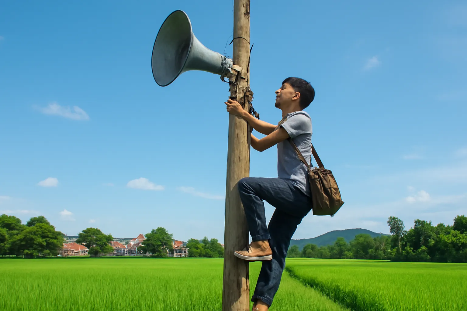Chiếc loa sắt cũ gắn trên cột gỗ giữa cánh đồng lúa xanh
