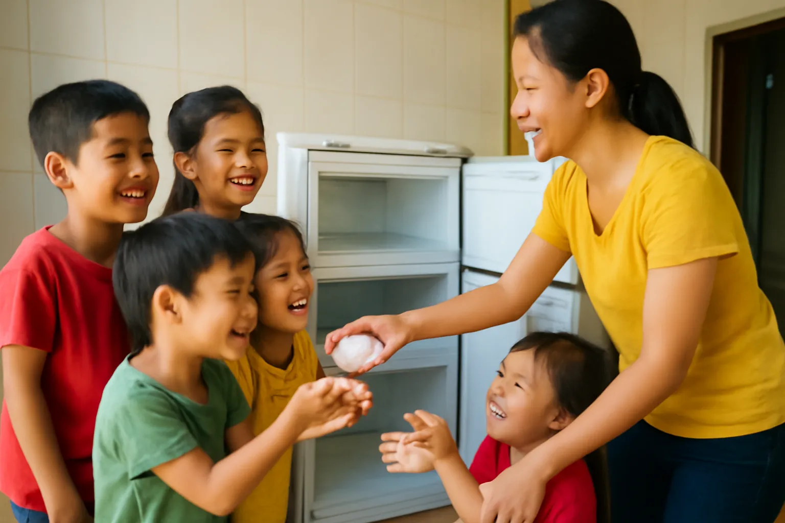 Bọn trẻ xúm quanh chiếc tủ lạnh nhỏ đang mở cửa trong gian nhà cũ