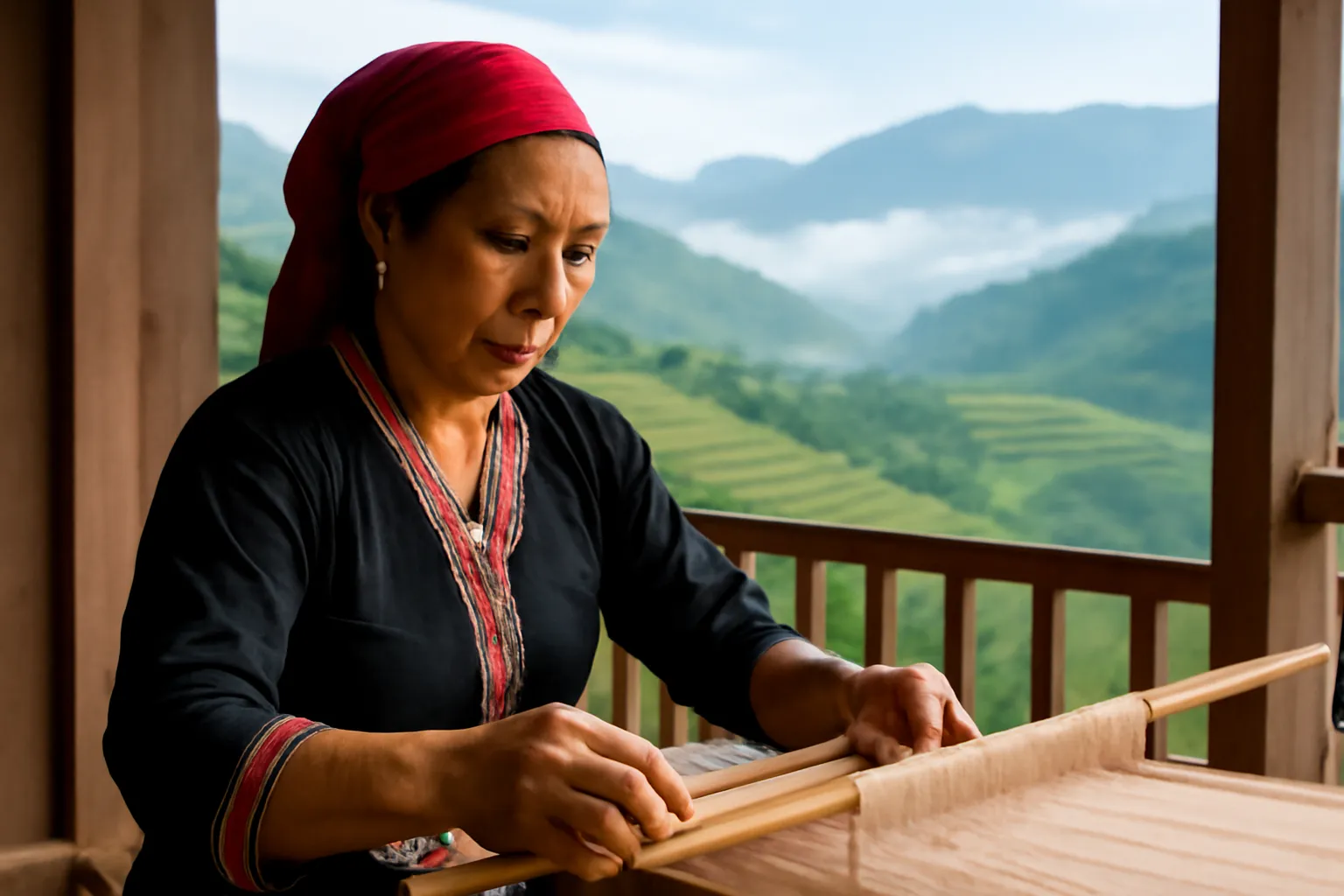 Người mẹ vùng cao ngồi dệt vải lanh bên khung cửi trước hiên nhà