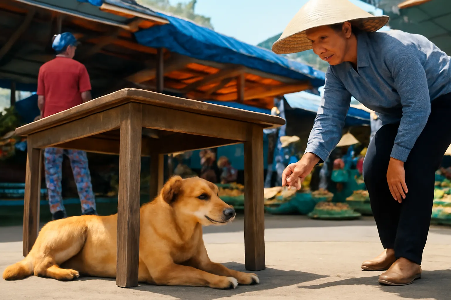 Con chó vàng nằm dưới sạp hàng trống ở chợ quê buổi sáng