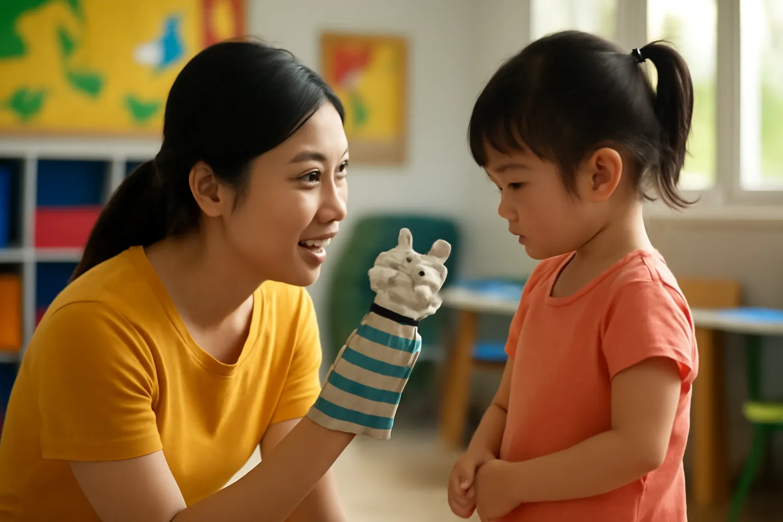 Cô giáo trẻ cầm con rối vải ngồi xổm trò chuyện với bé gái nhỏ trong lớp