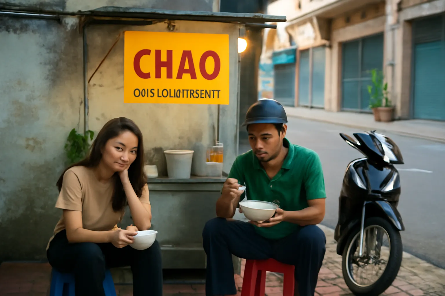 Quán cháo vỉa hè đêm khuya, chiếc xe máy dựng bên, hai người ngồi ghế thấp