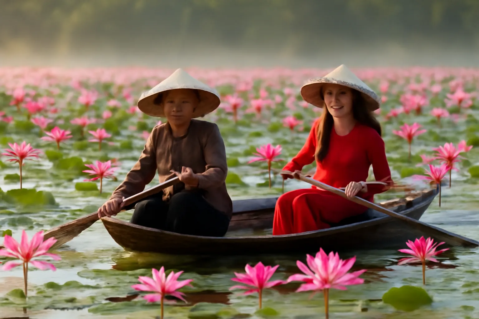 Hai người phụ nữ chèo thuyền nhỏ giữa đầm sen hồng lúc rạng sáng