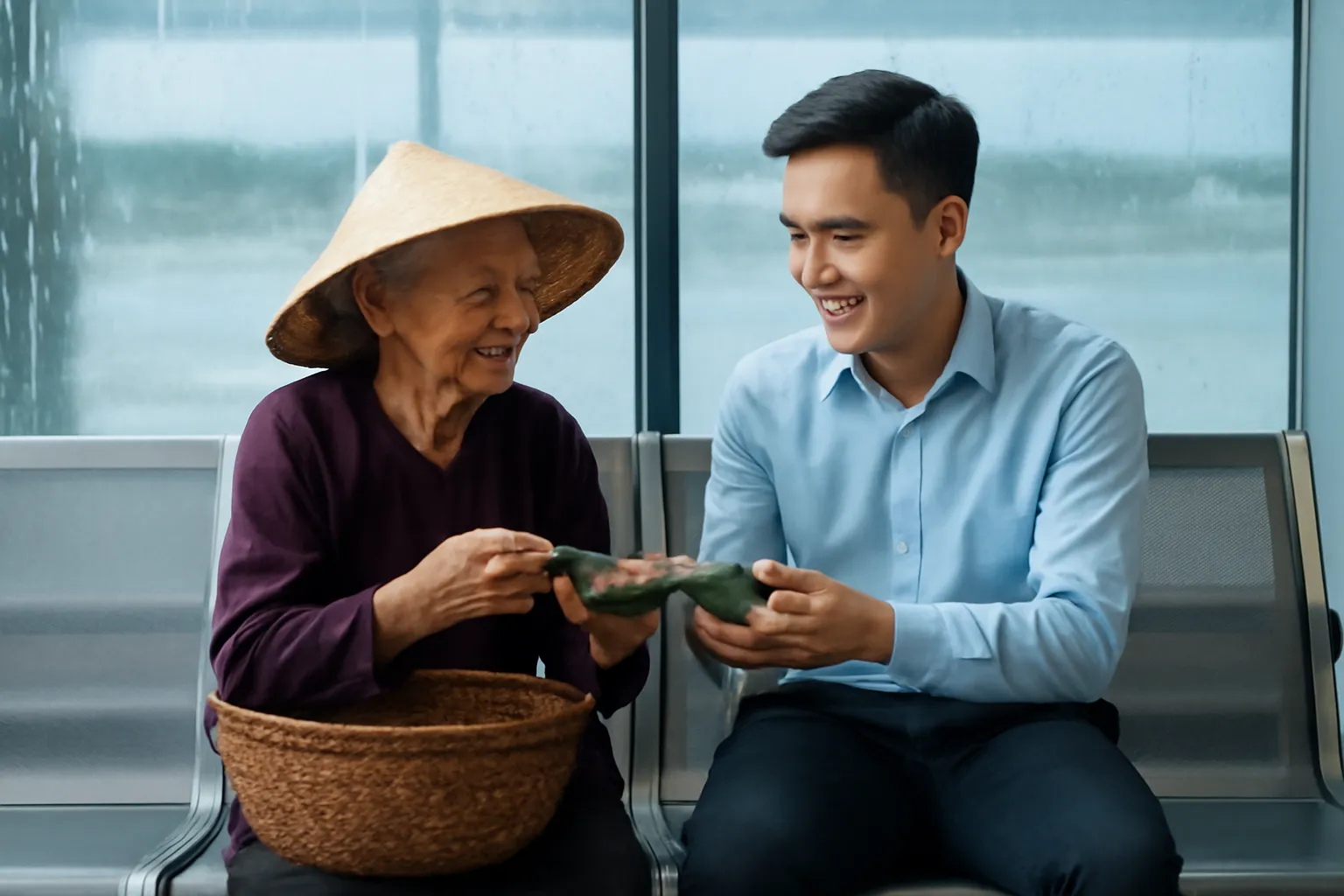 Bà cụ và chàng trai trẻ ngồi cạnh nhau trên ghế phòng chờ sân bay ban đêm