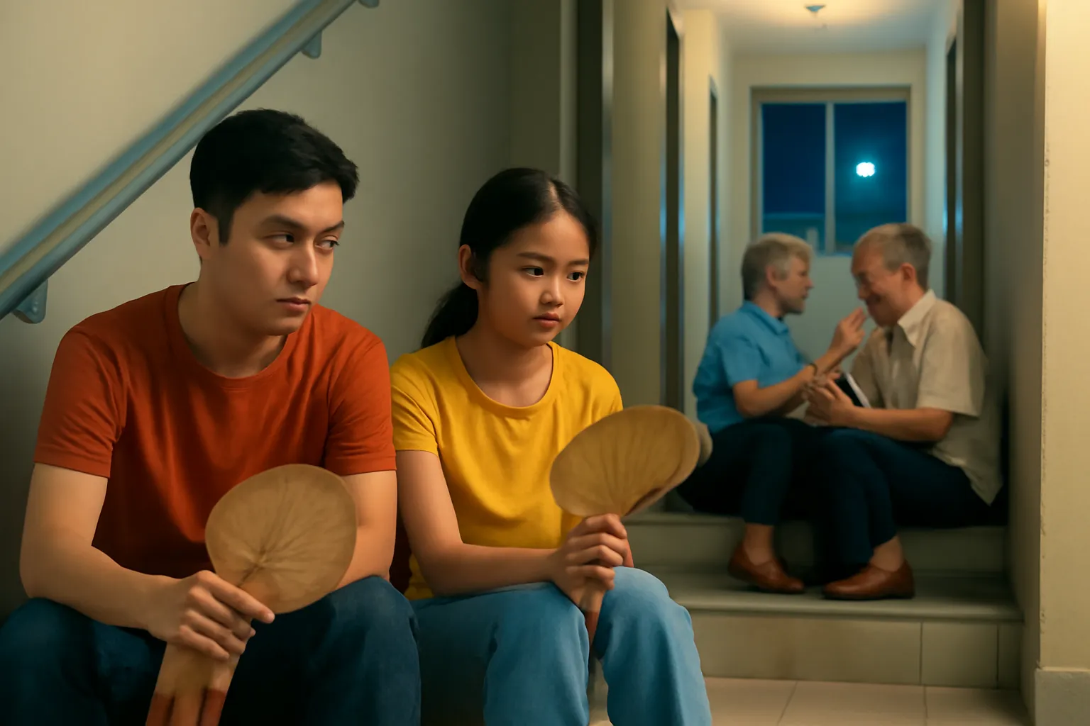 Đôi vợ chồng trẻ ngồi trên bậc cầu thang chung cư với chiếc quạt nan