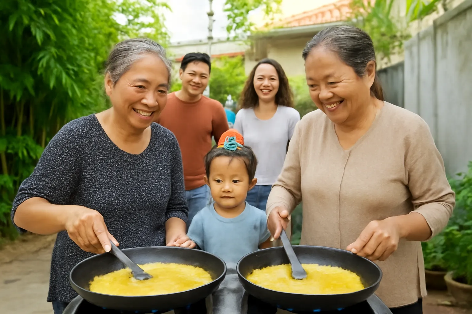Hai bà cụ đứng cạnh hai chảo bánh xèo đang xèo xèo trong sân nhà