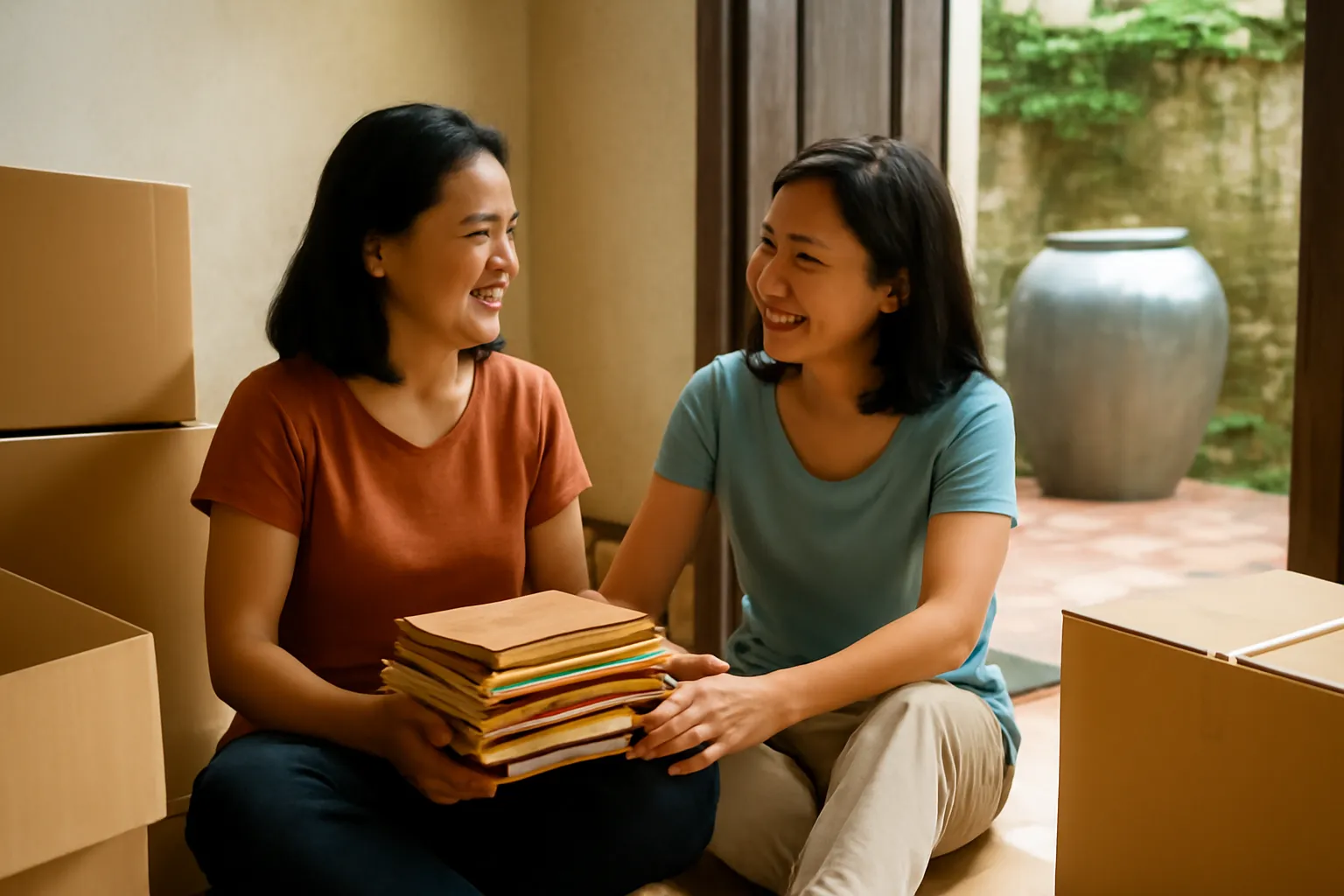 Hai chị em ngồi giữa những thùng đồ đóng gói trong căn nhà cũ