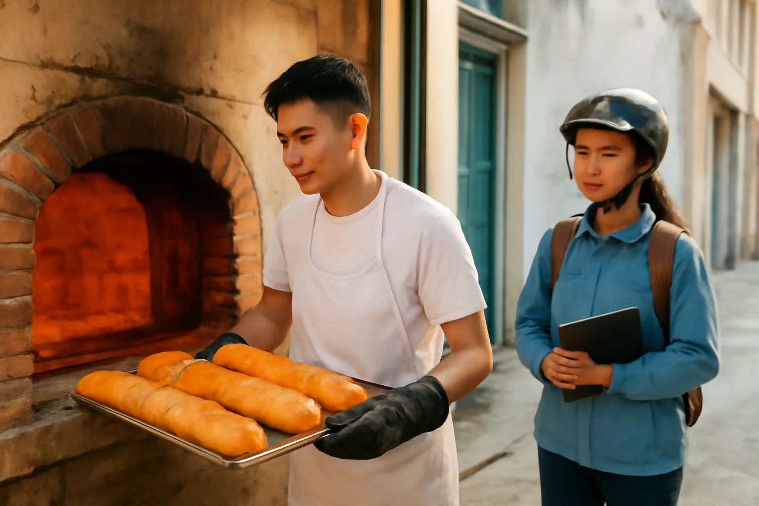 Anh thợ rút khay bánh mì vàng ruộm khỏi lò nóng đỏ trong đêm