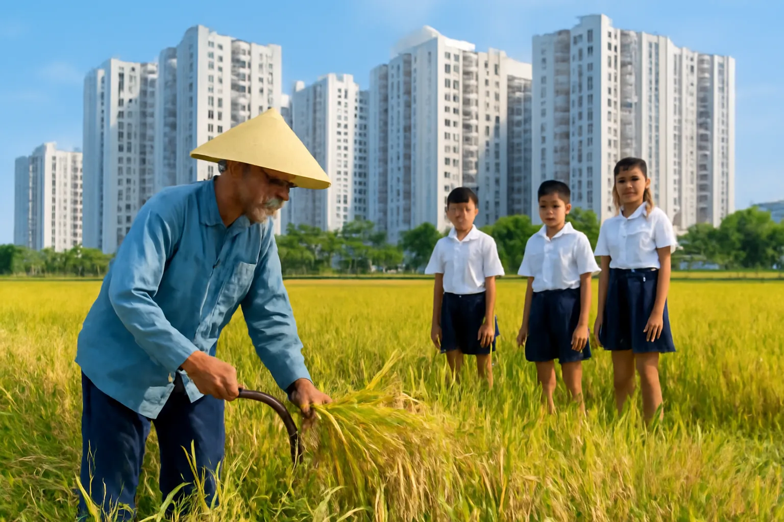 Ông lão gặt lúa chín vàng, phía sau là dãy nhà cao tầng mới xây