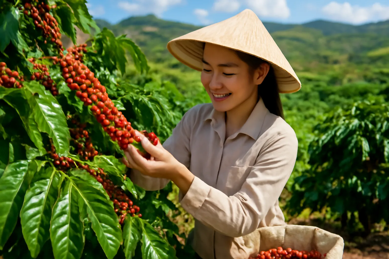 Cô gái trẻ đội nón hái những chùm cà phê chín đỏ trên đồi