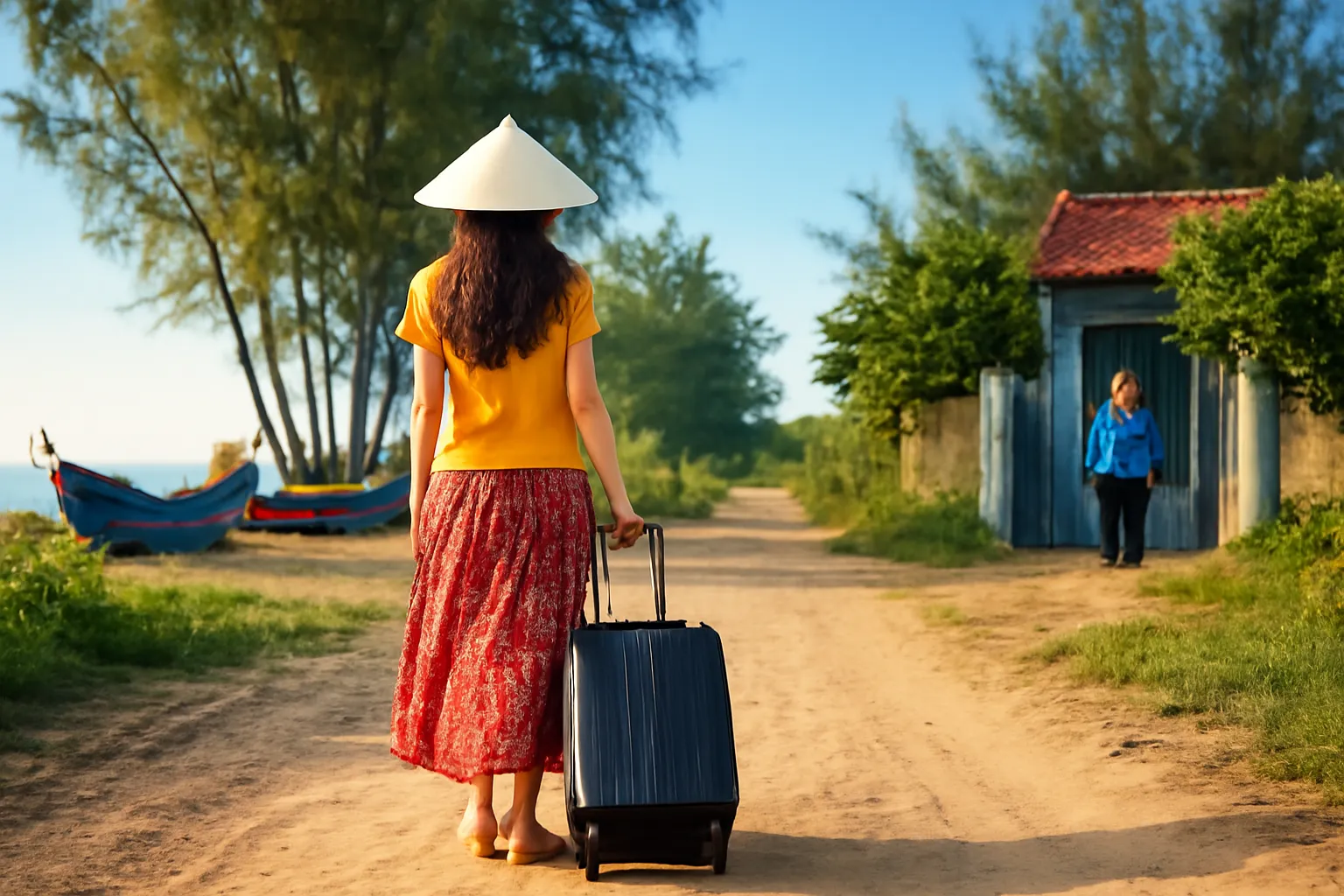 Cô gái kéo vali trên con đường đất đầu làng chài lúc sáng sớm