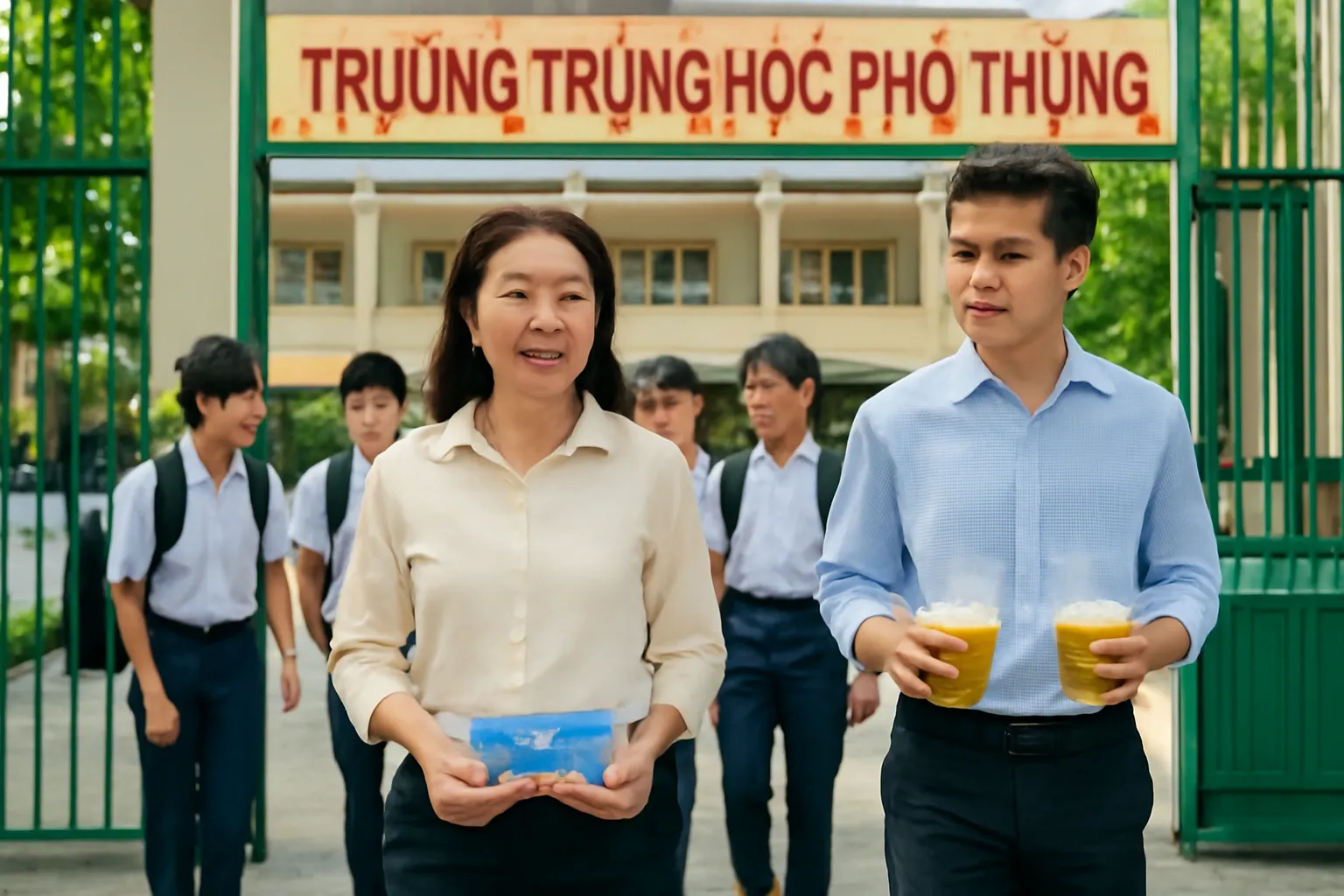 Người phụ nữ trung niên bước ra cổng trường thi, em trai đứng chờ ngoài