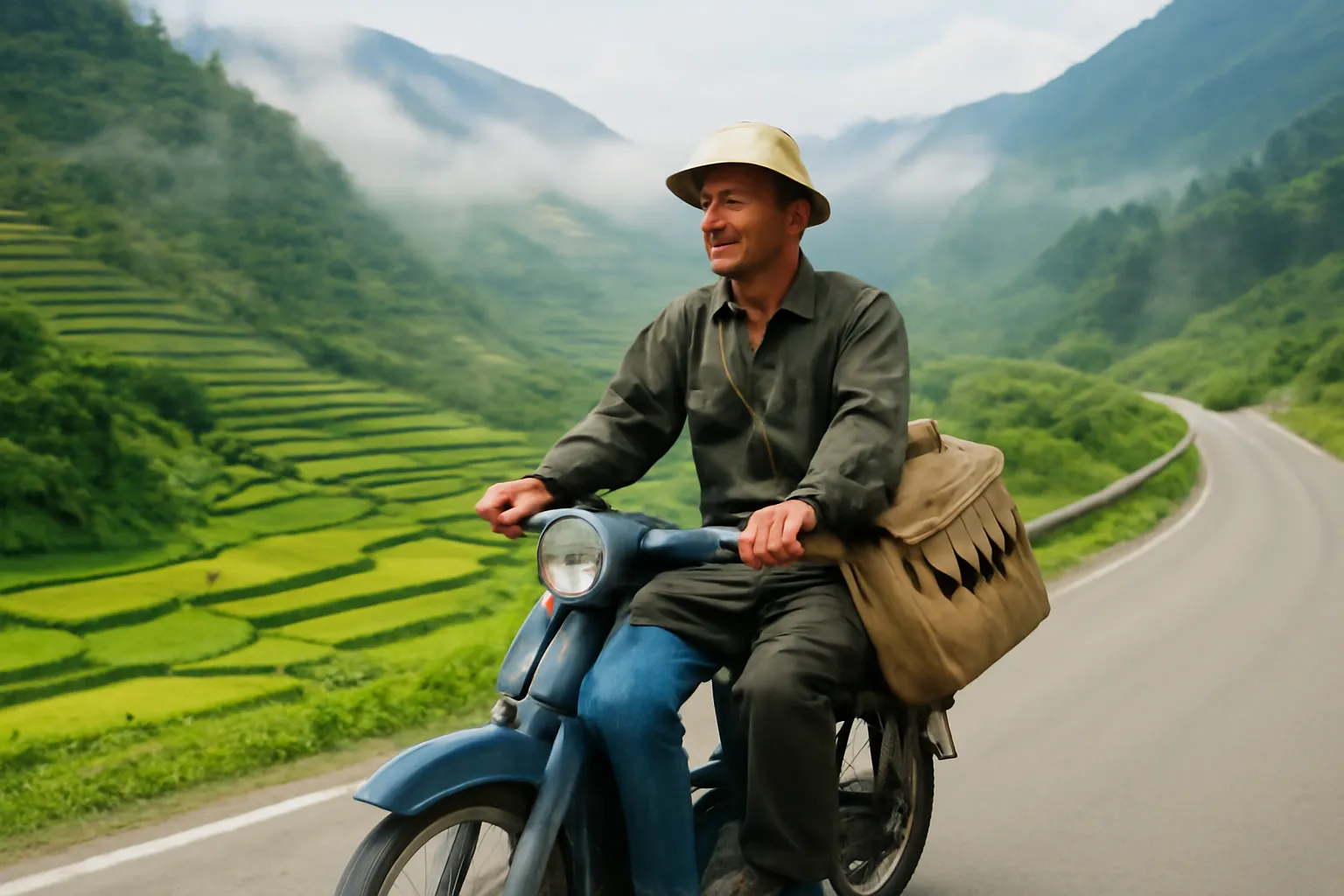 Người đưa thư đi xe máy trên con đường đèo phủ sương sớm