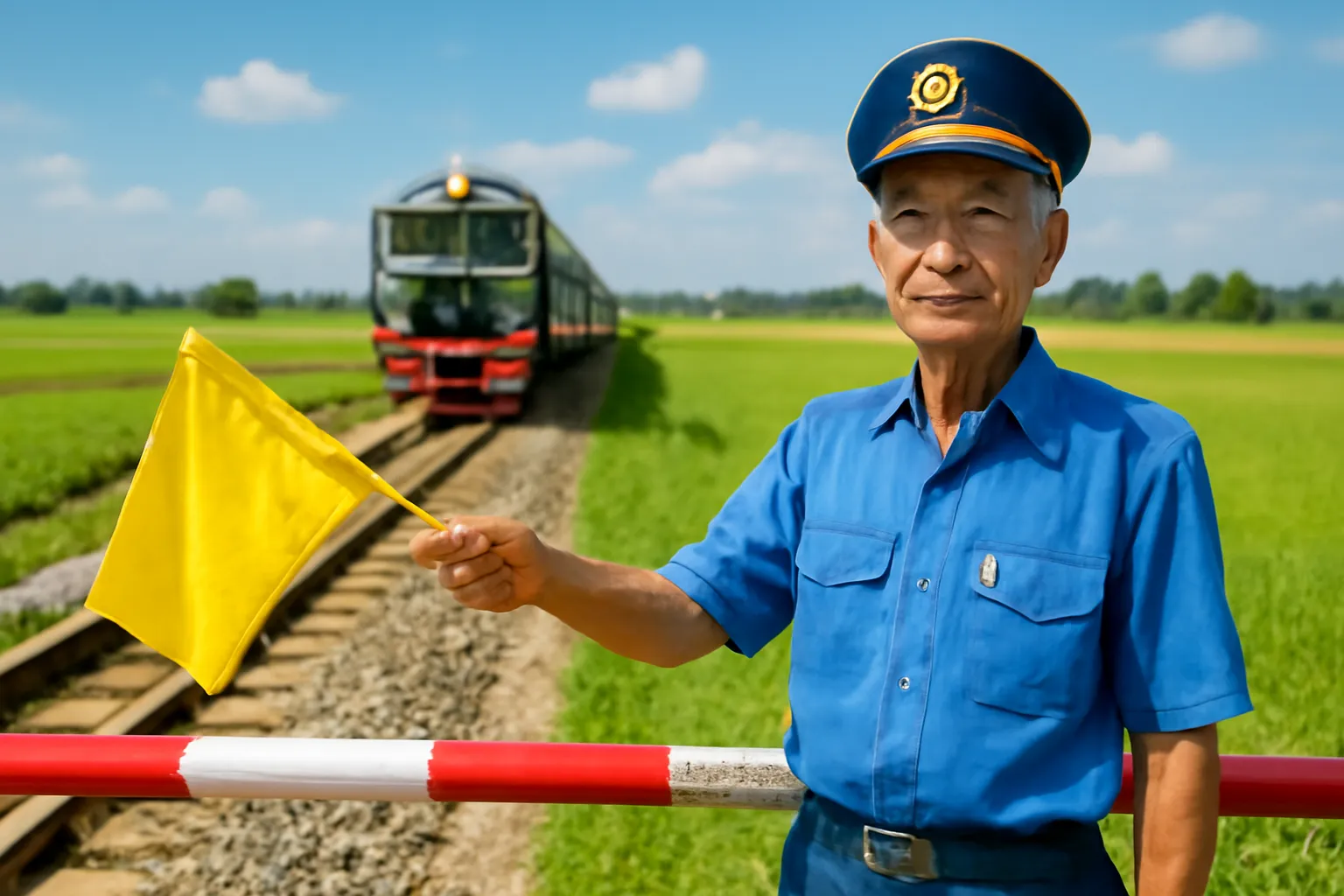 Ông gác chắn già cầm cờ vàng đứng cạnh thanh chắn đường ray giữa đồng lúa
